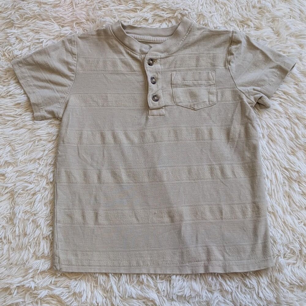 Okie Dokie Boys Size 3T Beige Cotton Textured Striped Henley Shirt